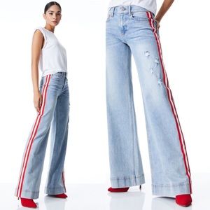 New $350 Alice + Olivia Rey Red White Side Stripe Wide Leg Flare Denim Jeans 27